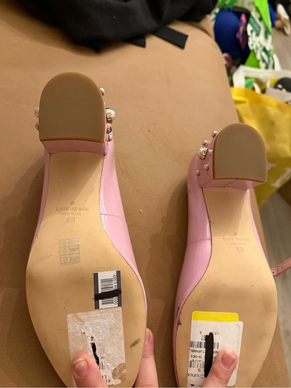 kate spade Pink Patent Mary Jane Heels with Pearl-Embellished Block Heel **poor